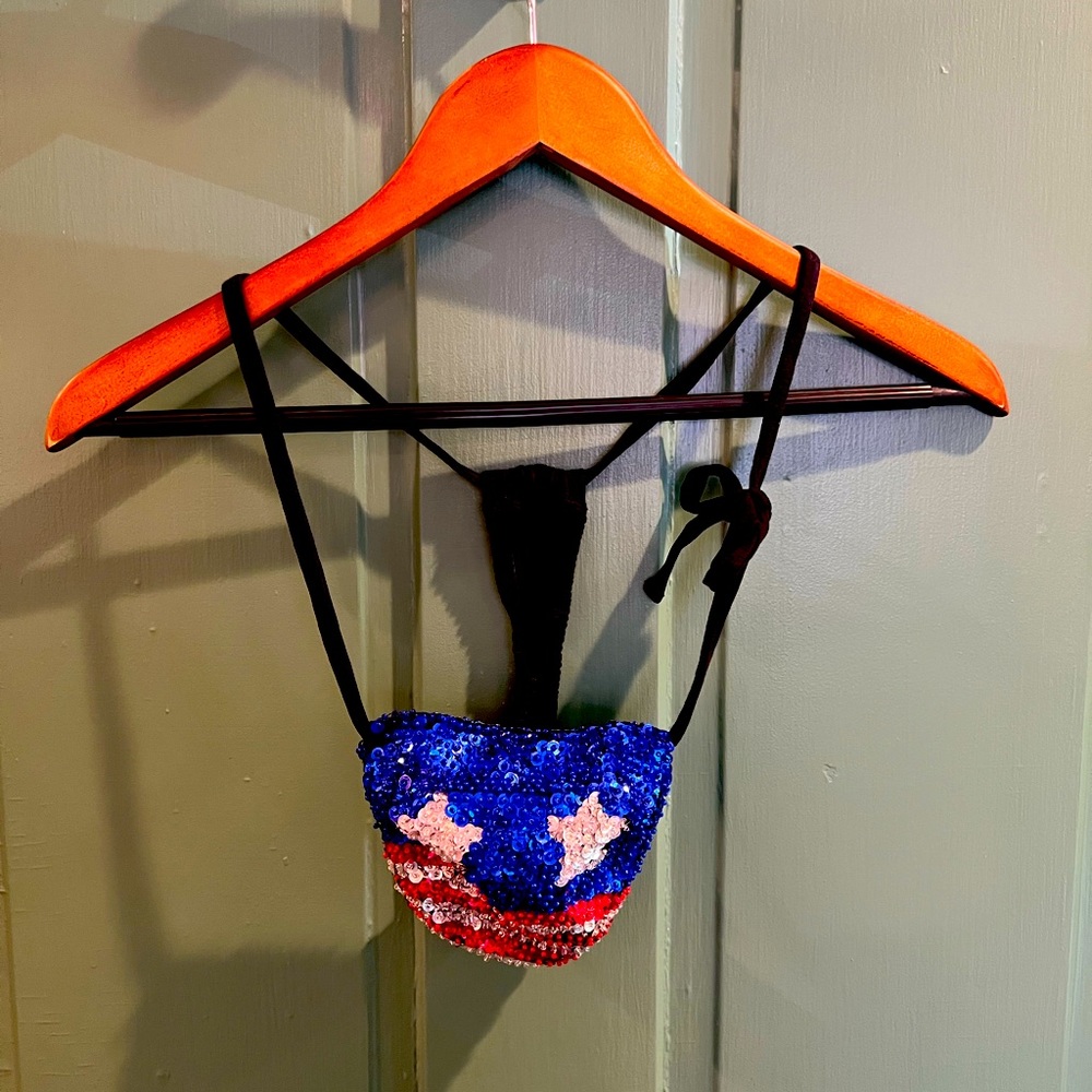 JC Brand Sequin Flag Stripper Thong with Side Tie - One Size
